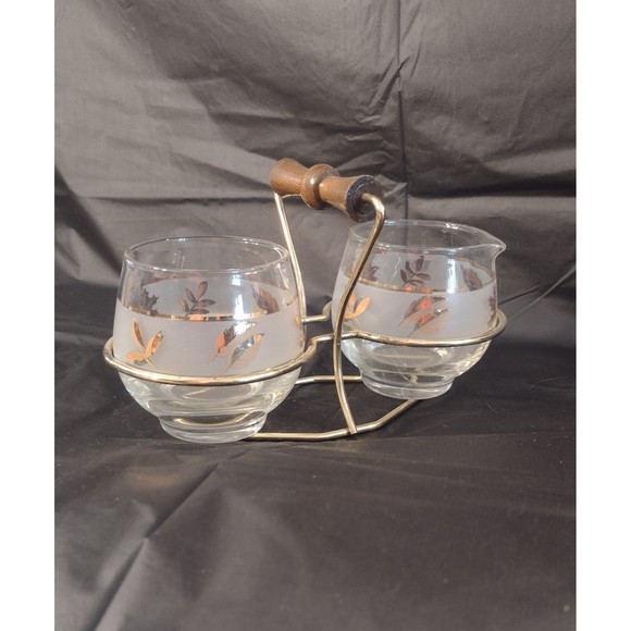 Mid Century Libbey Glass Frosted Gold Leaf Sugar & Creamer in Metal Holder - Picture 3 of 7